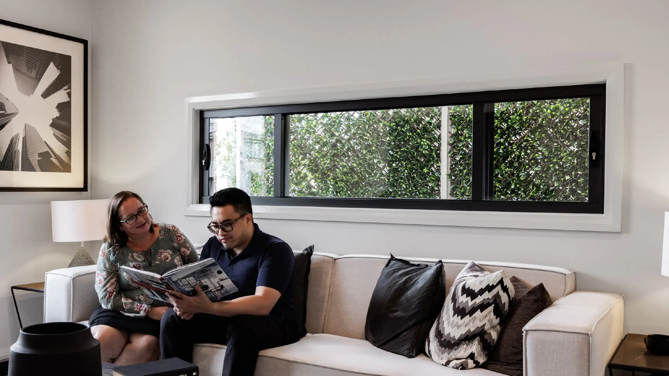 Black Sliding Window behind couch