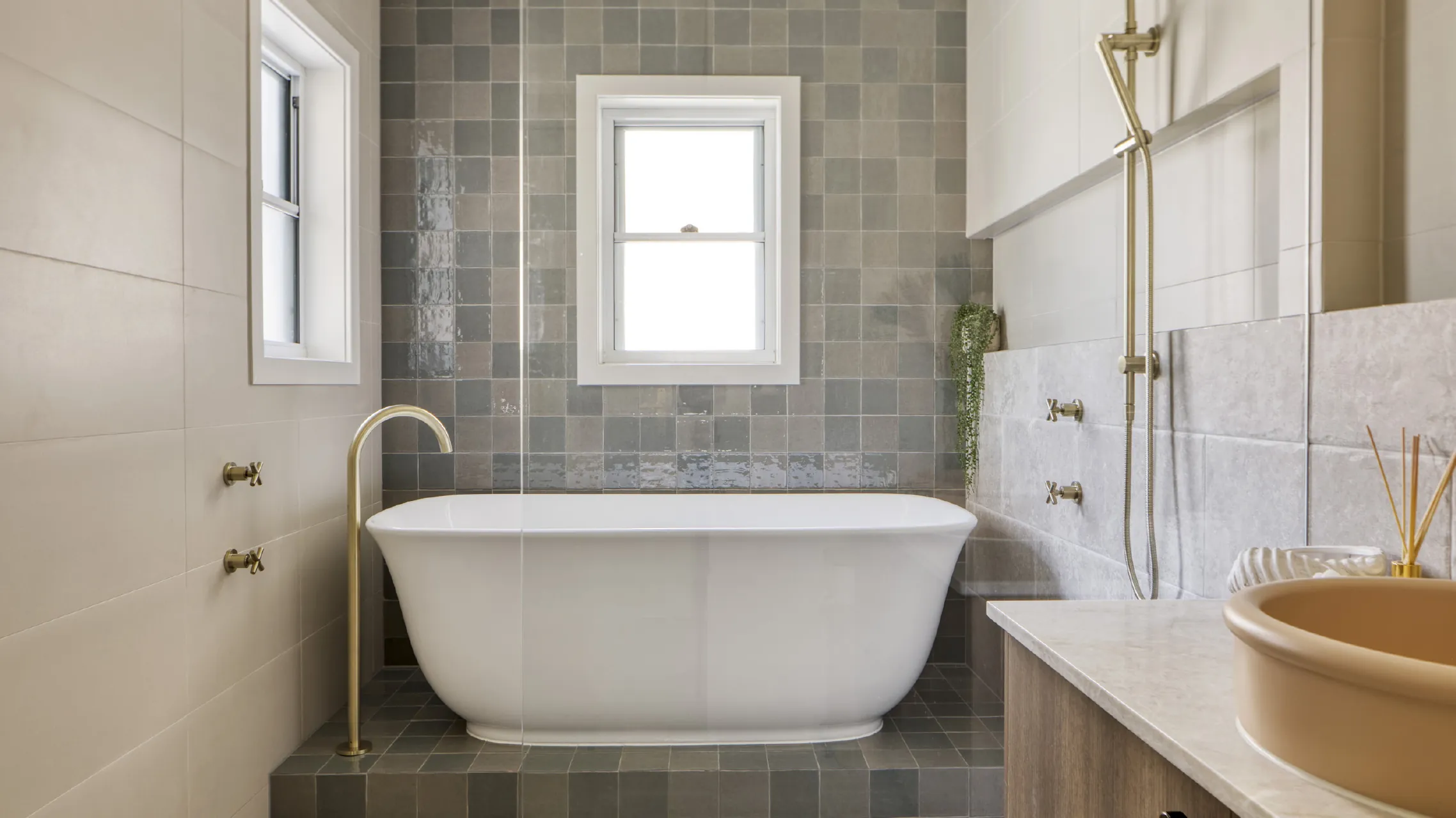 Small White Double Hung Window in bathroom